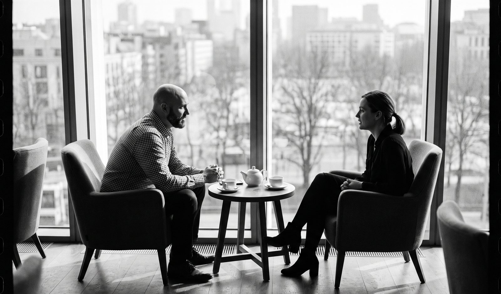 Two people in conversation by a window