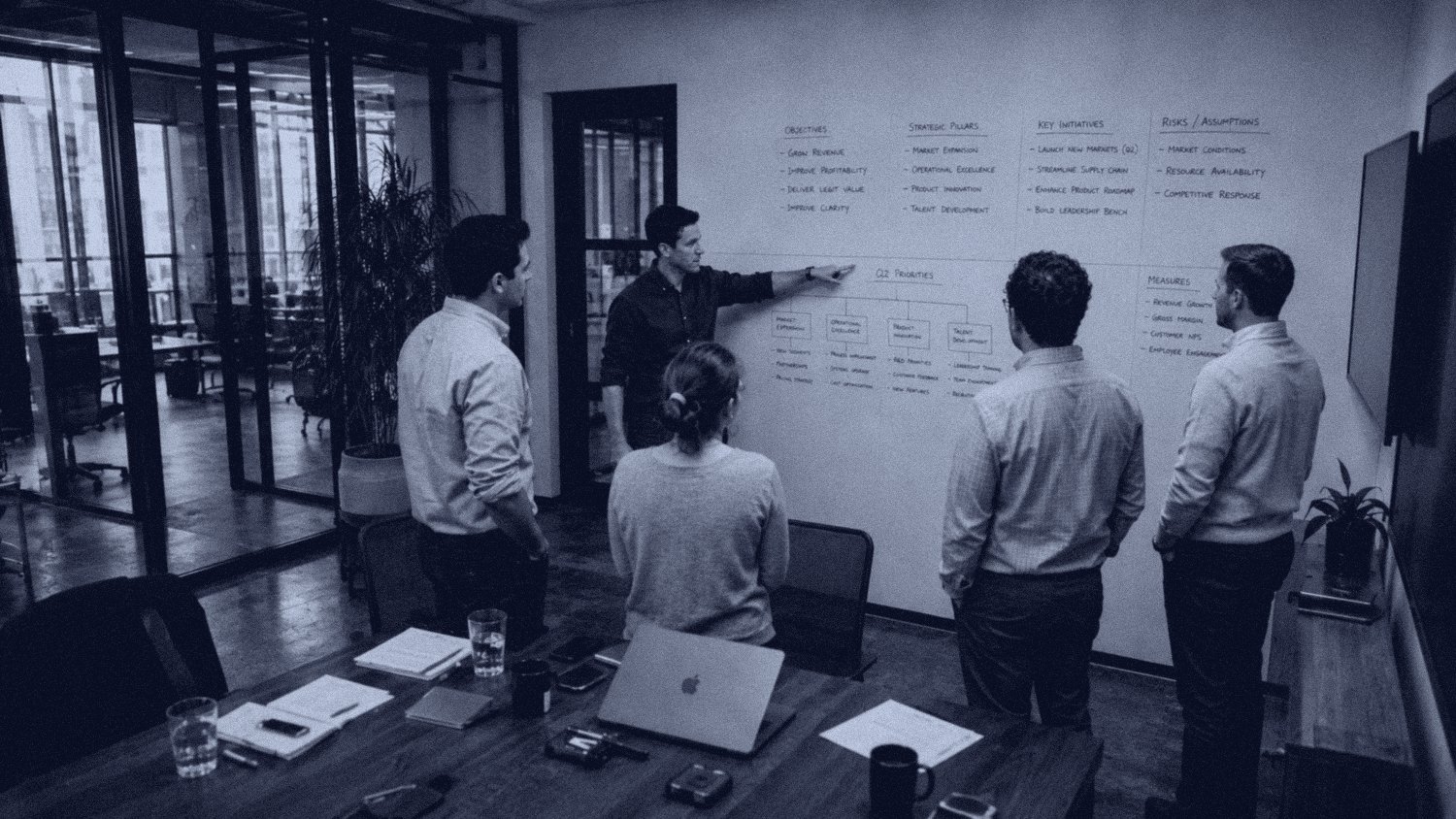 A leadership team working through a strategy and operating plan