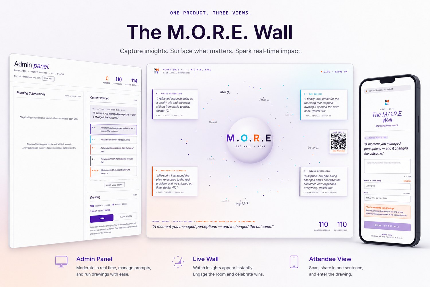 The M.O.R.E. Wall product surfaces: the moderator admin panel, the live projected wall, and the attendee phone view